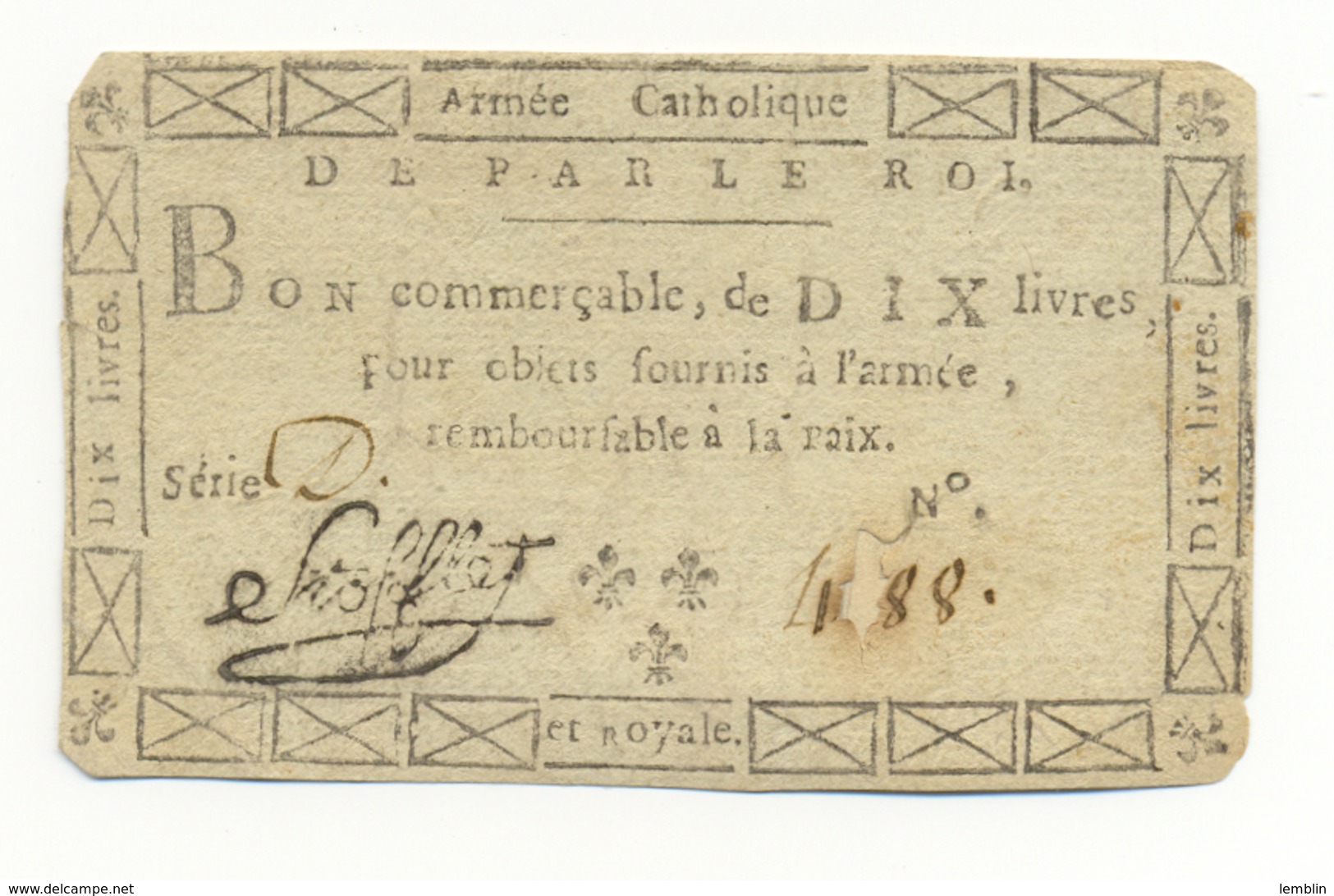 ARMEE CATHOLIQUE ET ROYALE DE VENDEE 10 LIVRES 1793 - Assignats & Mandats Territoriaux