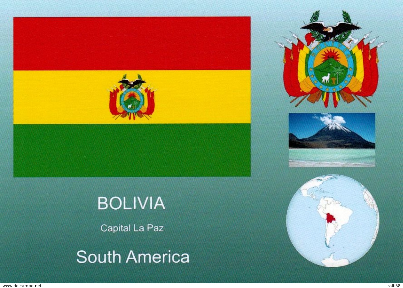 1 AK Bolivien * Flagge, Siegel, Die Position Von Bolivien In Südamerika Und Einen Vulkan In Bolivien * - Bolivia