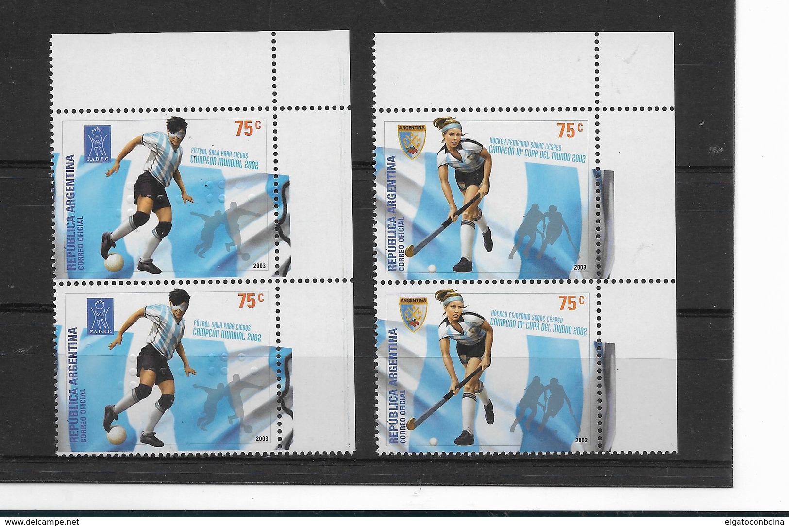 ARGENTINA 2003, SOCCER, BLIND, FEMALE HOCKEY, WORLD CHAMP 2002, 2 VALUES IN PAIRS SCOTT 2240-41 - Unused Stamps