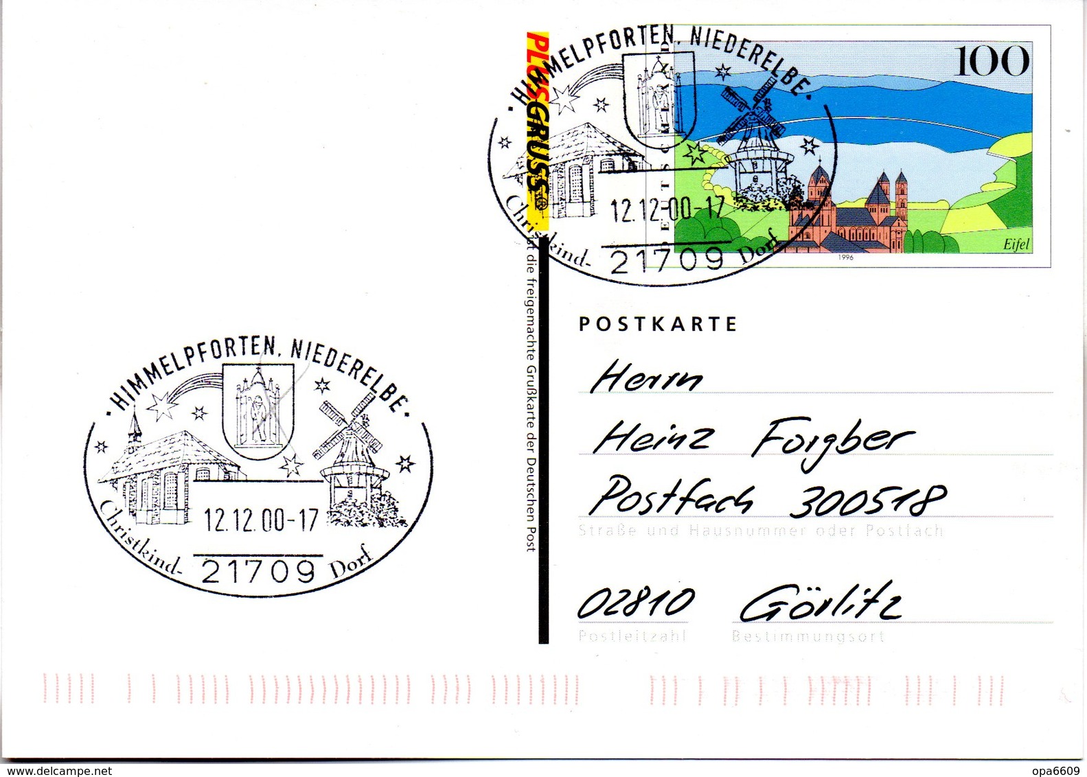 BRD Amtliche GZS-Sonderpostk. PSo 63/05 "PLusgrußkarte Weihnachten" WSt "Eifel" SSt 12.12.2000 HIMMELPFORTEN NIEDERELBE - Postkarten - Gebraucht