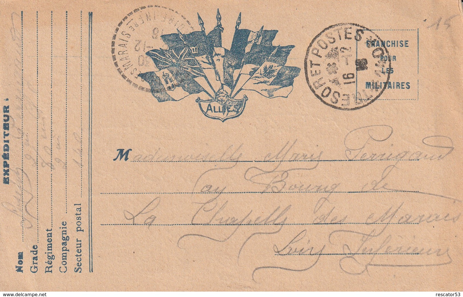 Rare Lettre Correspondances Aux Armées Drapeaux Alliés - 1914-18