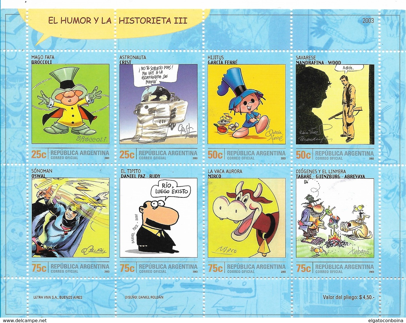 ARGENTINA 2003, COMIC STRIPS, HUMOR, MINISHEET OF 8 VALUES, SCOTT 2242 MS - Unused Stamps
