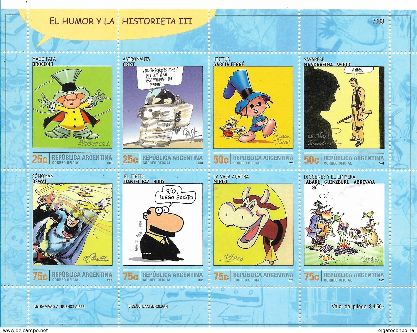 ARGENTINA 2003, COMIC STRIPS, HUMOR, MINISHEET OF 8 VALUES, SCOTT 2242 MS - Ungebraucht