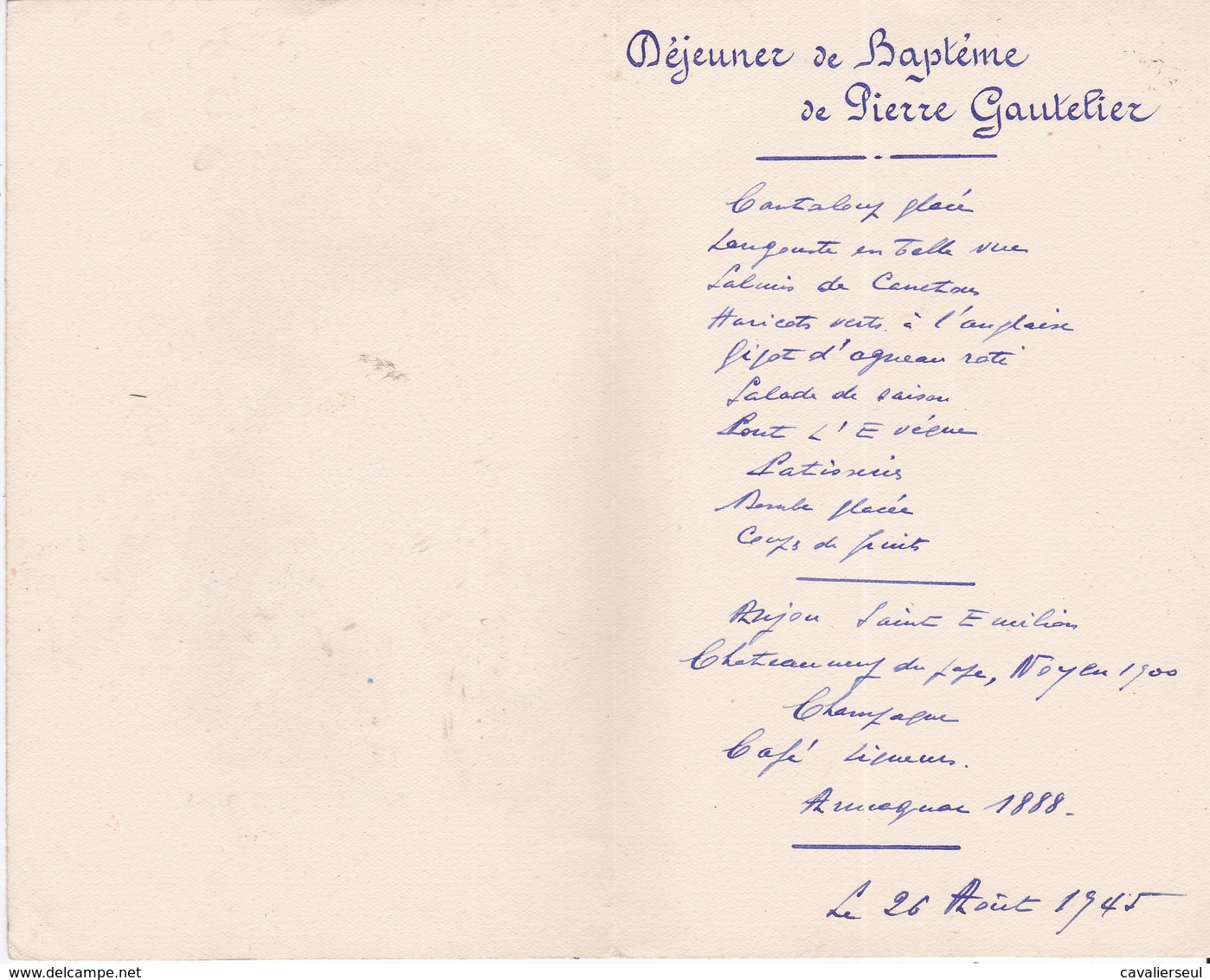 MENU  -  BAPTEME  26 AOUT 1945 - Menus