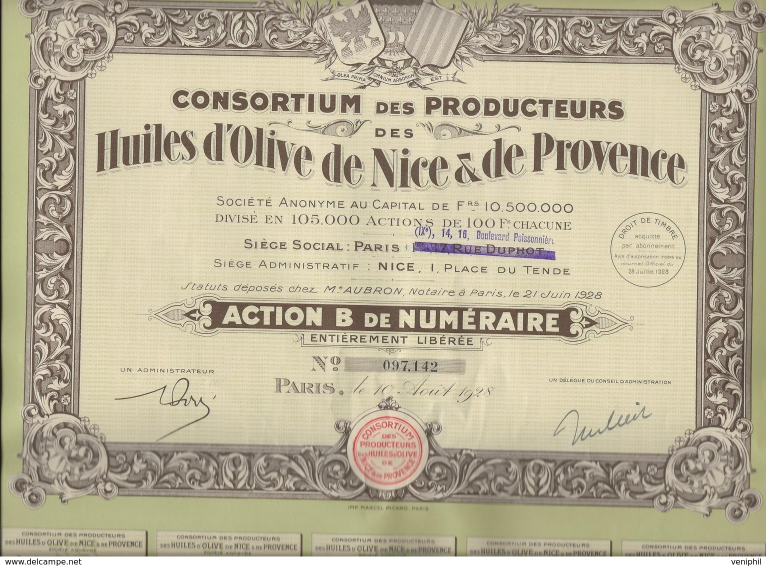 ACTION B DE NUMERAIRE - CONSORTIUM DES PRODUCTEURS DES HUILES D'OLIVE DE NICE ET DE PROVENCE -1928 - Agricoltura