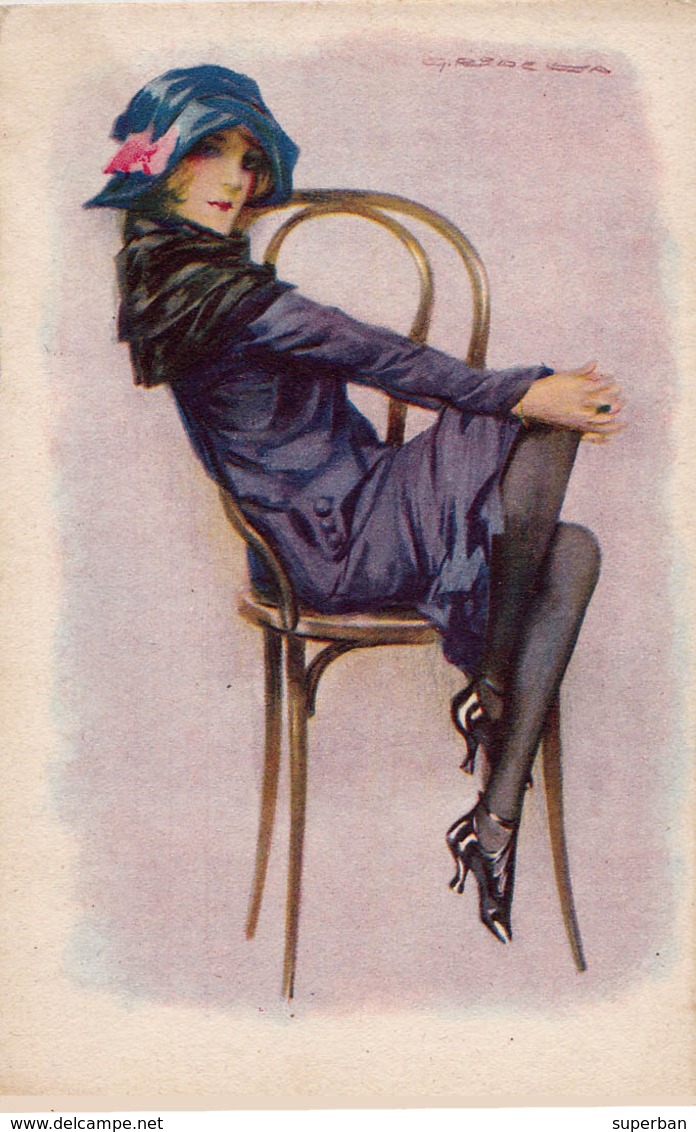 ART DÉCO : PORTRAIT De JEUNE FEMME Au CHAPEAU BLEU Et BAS NOIRS - ILLUSTRATION SIGNÉE... - ANNÉE / YEAR : 1918 (aa181) - Bompard, S.