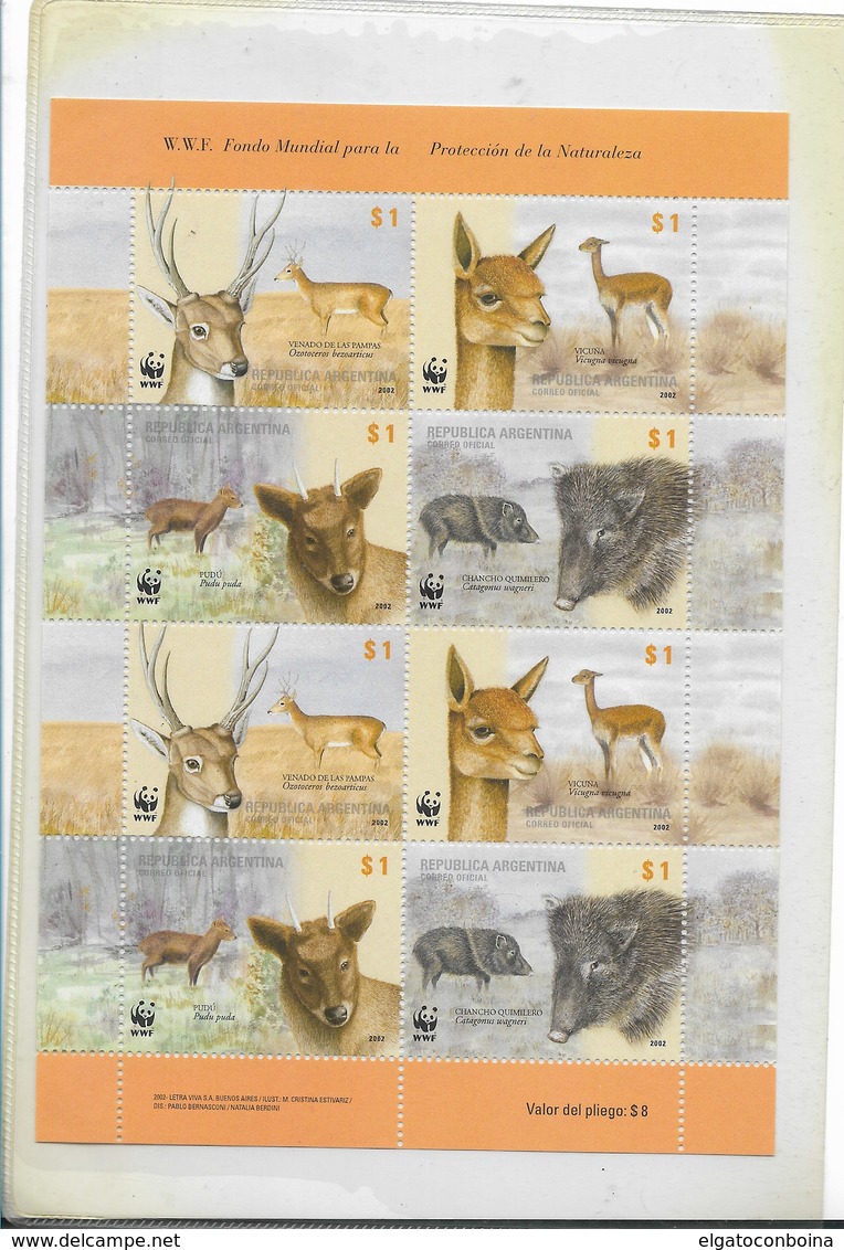 ARGENTINA 2002,WWF, ENVIRONMENT CARE, FAUNA, NATURE, MINIATURE SHEET OF 8 VALUES SCOTT 2192 MS MICHEL 2749/52 - Neufs