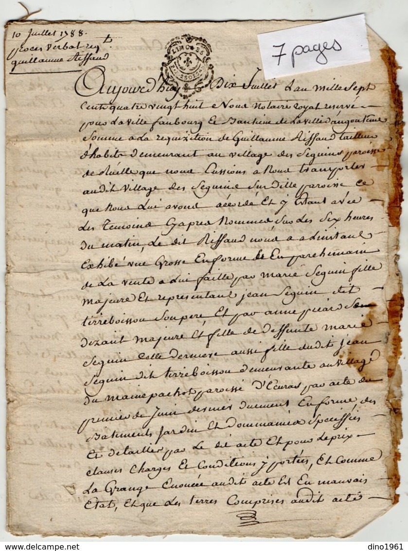 VP13.325 - Cachet Généralité De LIMOGES - ANGOULEME - Acte De 1788 Concernat Mr REFFAUD à RUELLE SUR TOUVRE - Matasellos Generales