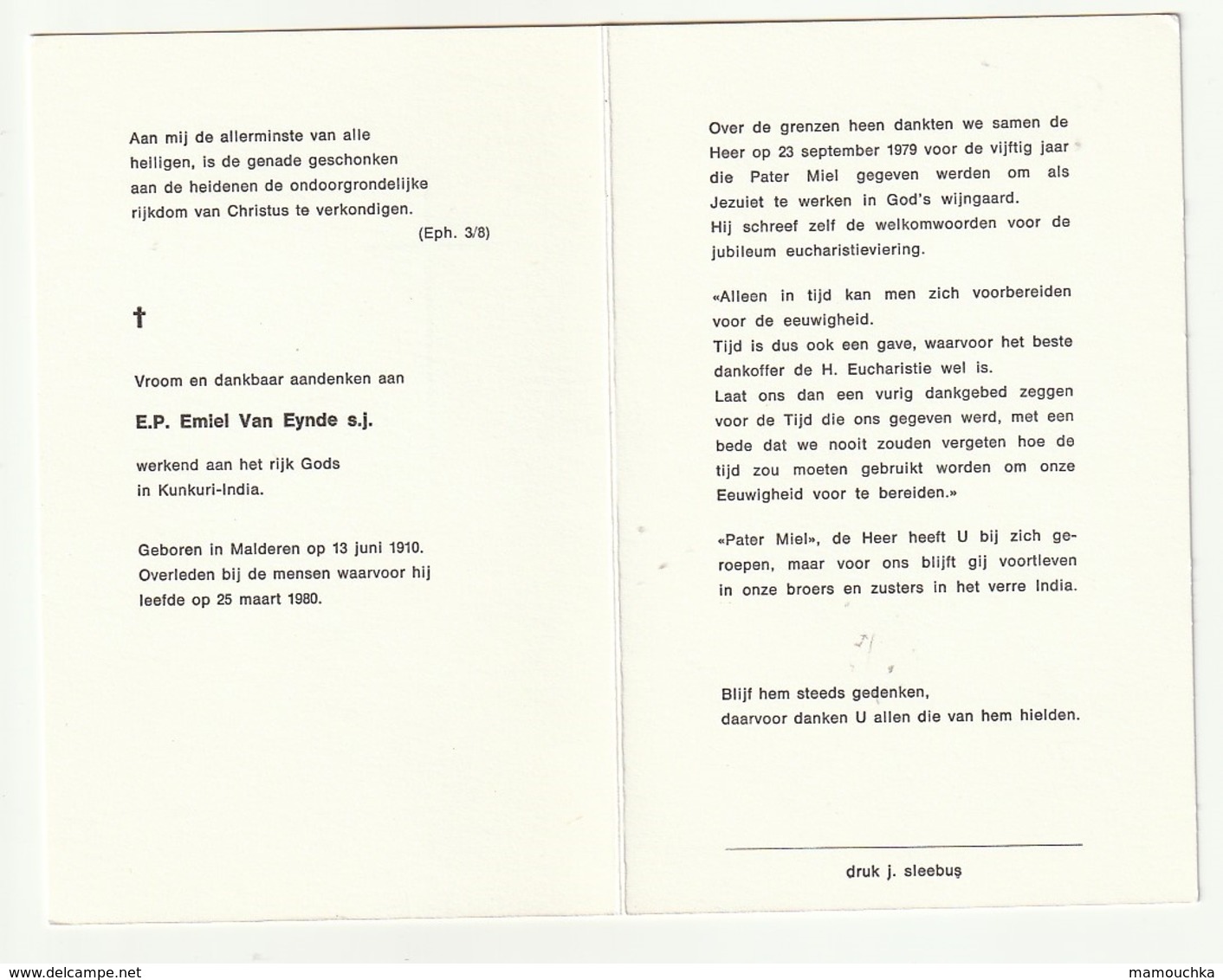 Doodsprentje E.P. Emiel Van Eynde ( Pater Mil)  Werkend In Kunduri-India Geboren Maldegem 1910 Overleden India 1980 - Devotion Images