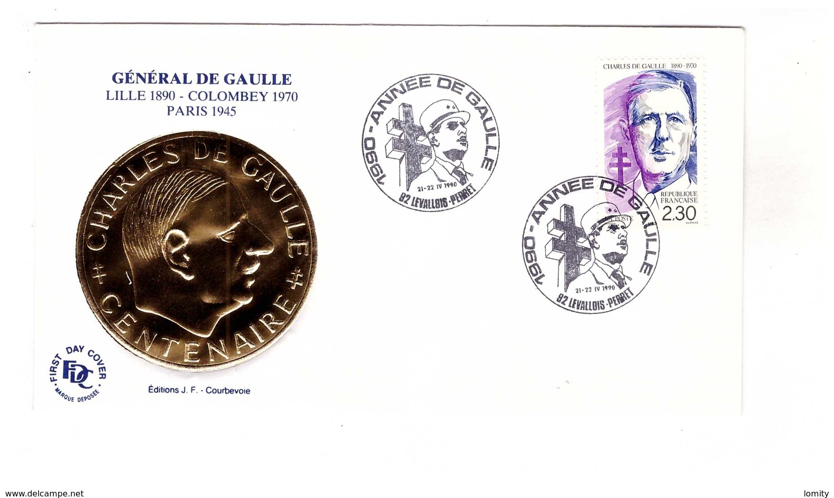 France Lettre Enveloppe Médaillon Centenaire Charles De Gaulle Cachet 92 Levallois Perret 1990 - De Gaulle (Général)