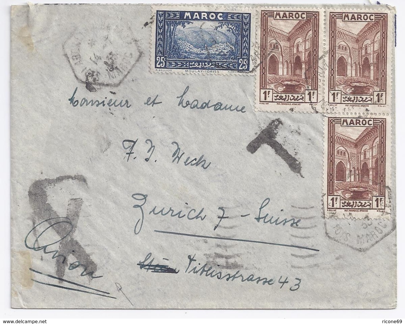 Marokko Schweiz 1933, Flugpost Brief M. "T" Porto Stempel. #1798 - Marokko (1956-...)