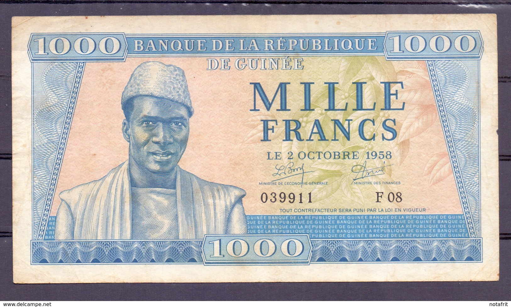 Guinea 1000 Fr 1958 Rare VF Boat - Autres - Afrique