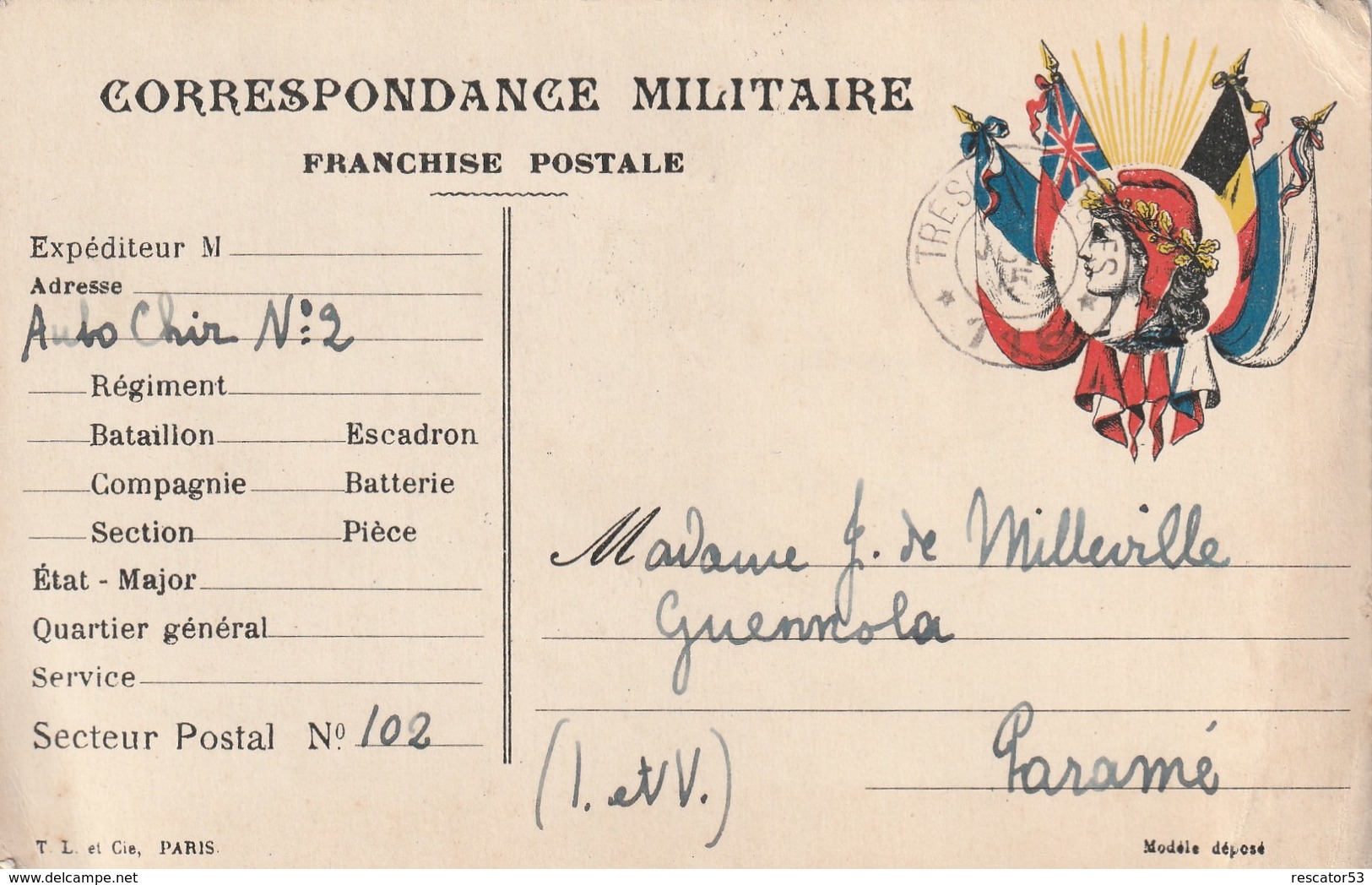 Rare Lettre Correspondance Militaire Franchise Postale Drapeaux Alliés Avec Tête De Marianne Laurée - 1914-18