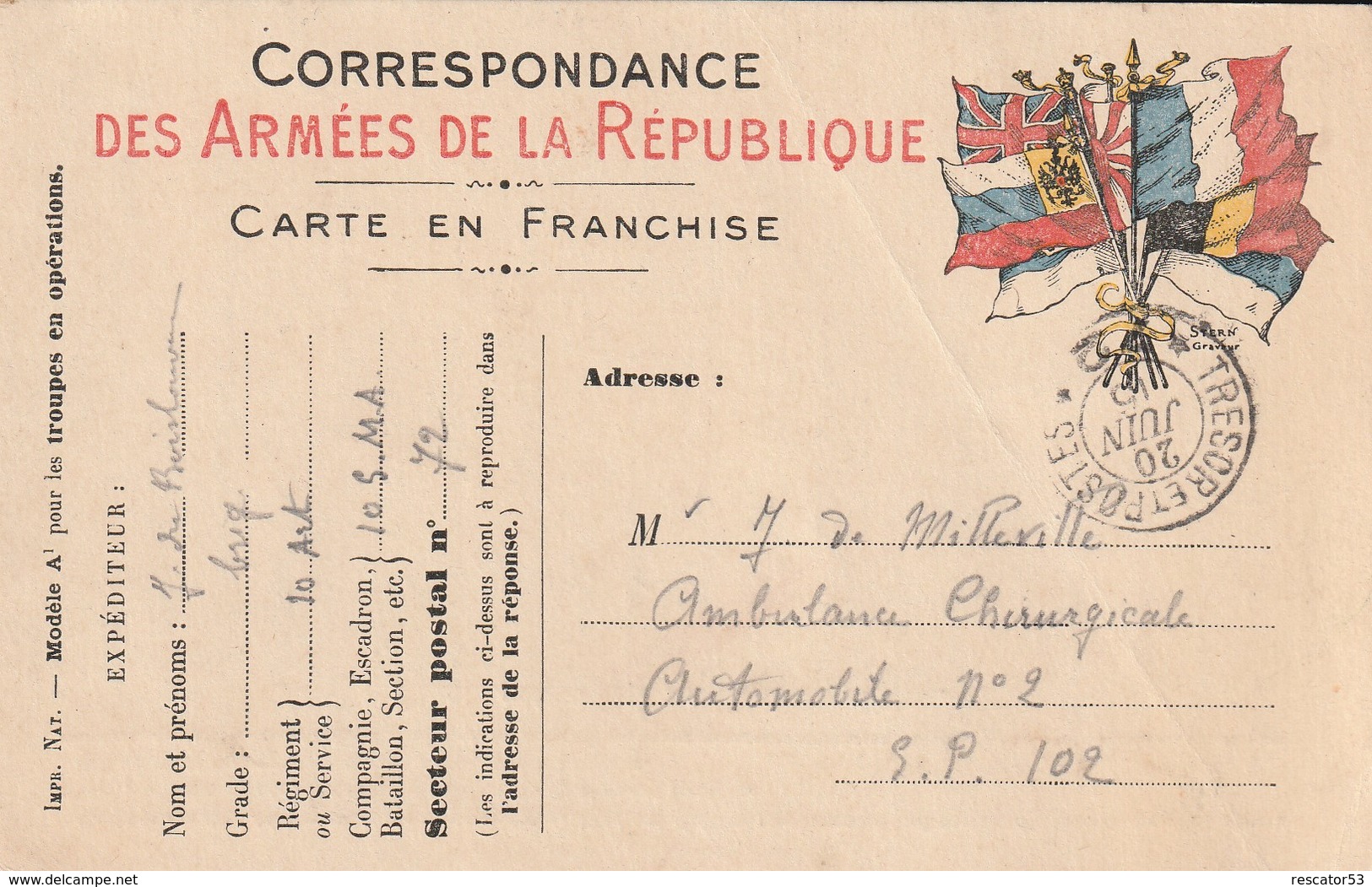 Rare Lettre Correspondance Des Armées De La République Carte En Franchise 7 Drapeaux - 1914-18