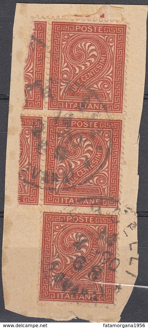 ITALIA - 1865 -  Tre Valori Yvert 13 Uniti Fra Loro, Obliterati, Su Frammento Di Busta. - Gebraucht