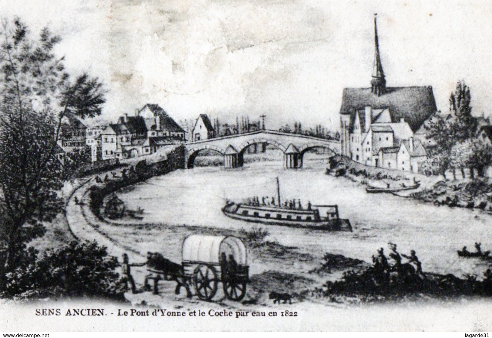 SENS (Yonne) - Le Pont D'yonne Et Le Coche Par Eau En 1822 - Sens