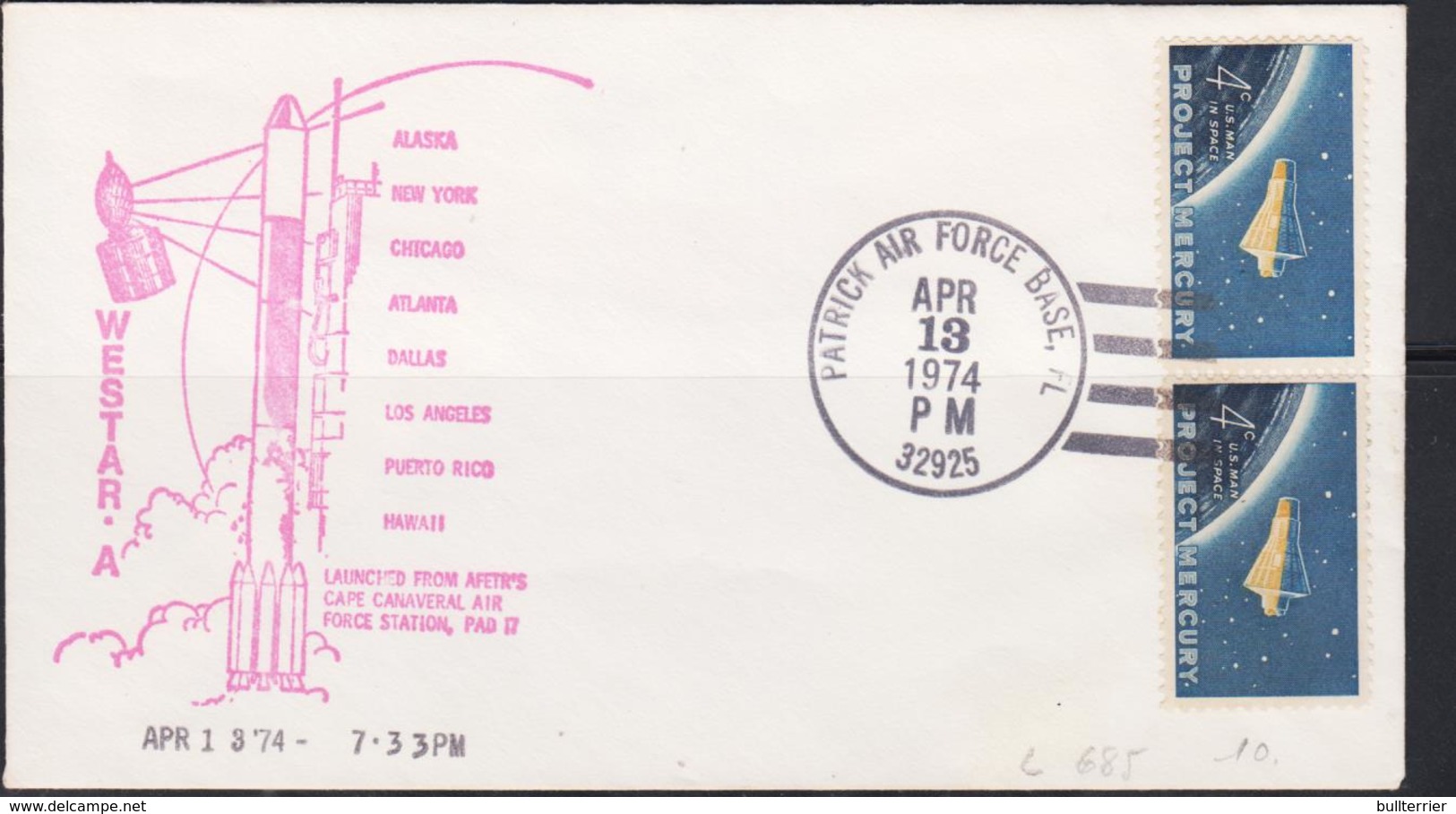 SPACE  - USA-  1974 -WESTSTAR  SATELLITE ILLUSTRATED COVER WITH LARGE PATRICK  AIR FORCE POSTMARK APR 13 1974 - Verenigde Staten