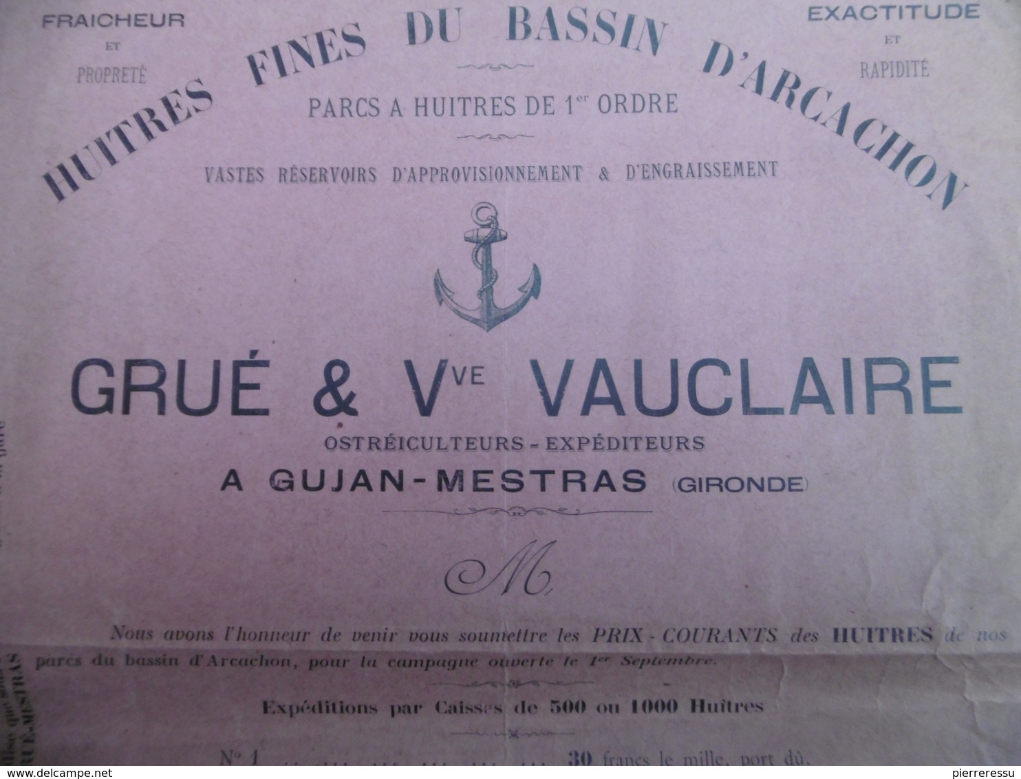 FACTURE ILLUSTREE GUJAN MESTRAS HUITRES FINES DU BASSIN D ARCACHON GRUE & VAUCLAIRE - 1800 – 1899