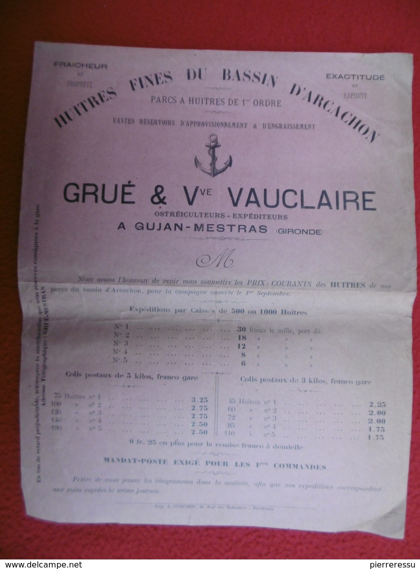 FACTURE ILLUSTREE GUJAN MESTRAS HUITRES FINES DU BASSIN D ARCACHON GRUE & VAUCLAIRE - 1800 – 1899