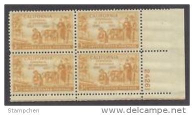 Plate Block -1950 USA California Statehood 100th Ann. Stamp Sc#997 Gold Miner Pioneer Ox Cow Mineral - Minerals