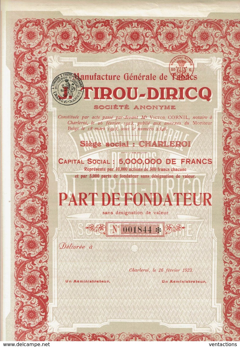 BELGIQUE-TABACS TIROU-DIRICQ. Manufacture Générale De ...Part De Fondateur - Other & Unclassified