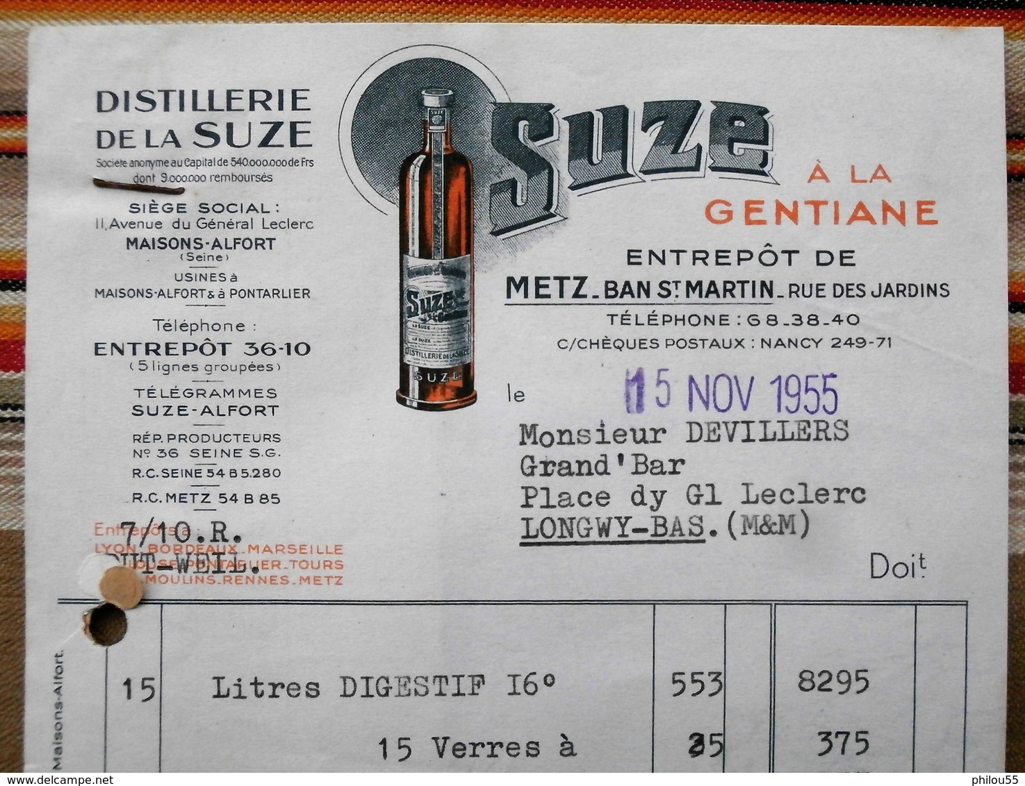 94 MAISON ALFORT 25 PONTARLIER 57 METZ BAN St MARTIN Distillerie De La SUZE Conge - Rechnungen