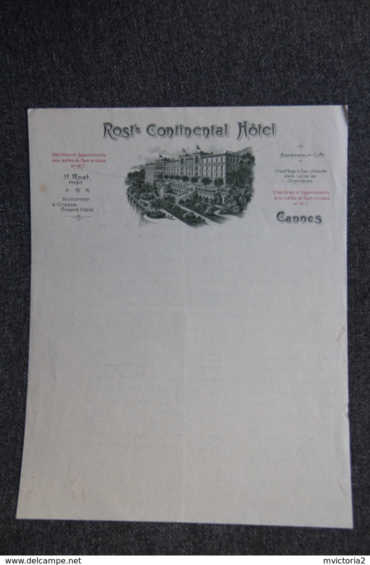 Facture Ancienne - CANNES , ROST'S CONTINENTAL HOTEL. - Sports & Tourisme