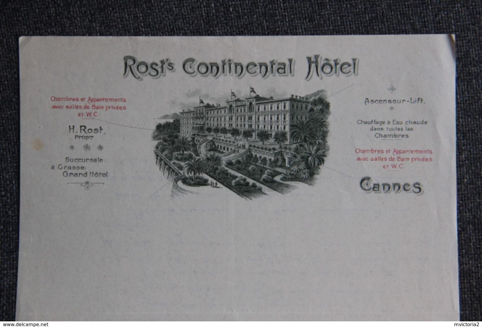Facture Ancienne - CANNES , ROST'S CONTINENTAL HOTEL. - Sport En Toerisme