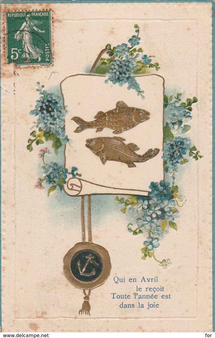 Voeux : Poisson D'avril : Carte Gaufrée - Dorée ( Fleurs Et Poisson ) - 1er Avril - Poisson D'avril