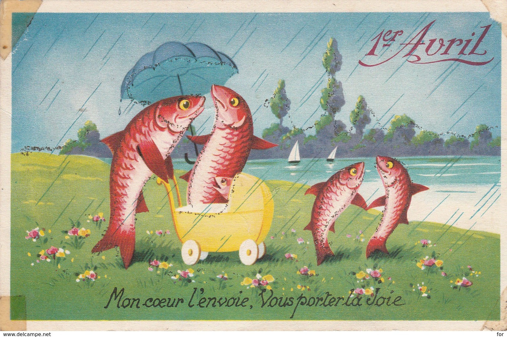 Voeux : Poissons Humanisés Sous La Pluie : Carte à Paillettes ( 1ér Avril ) - 1er Avril - Poisson D'avril