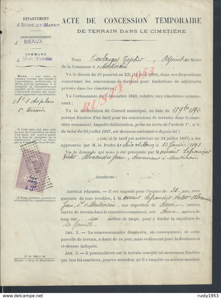 ARRONDISSEMENT DE MEAUX X TAMPON MAIRIE MONTÉVRAIN 1920 ACTE DE CONCESSION TEMPORAIRE CIMETIÈRE FAMILLE BOULANGER : - Manuscripts