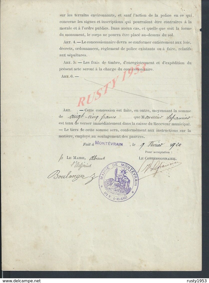 ARRONDISSEMENT DE MEAUX X TAMPON MAIRIE MONTÉVRAIN 1920 ACTE DE CONCESSION TEMPORAIRE CIMETIÈRE FAMILLE BOULANGER : - Manuscrits