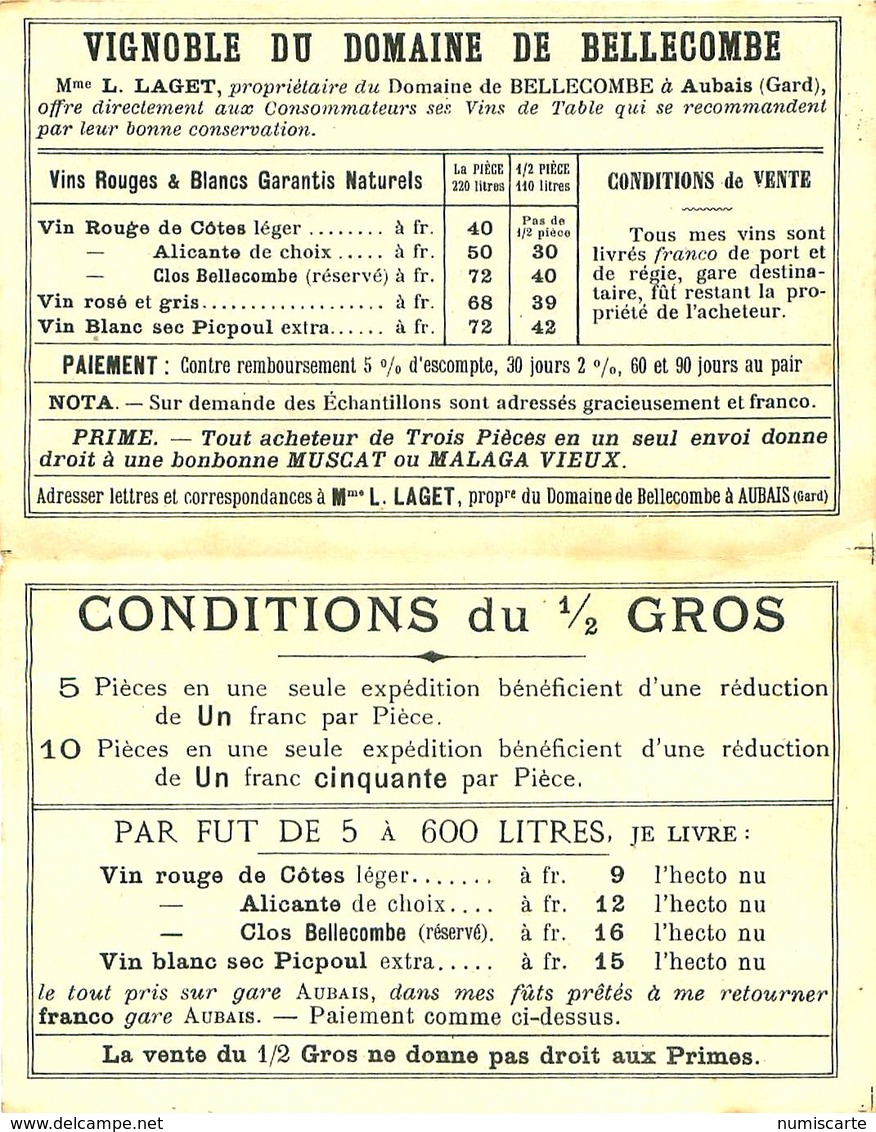 AUBAIS 30 Dépliant Tarifaire Vignoble Du Domaine De Bellecombe - Factures