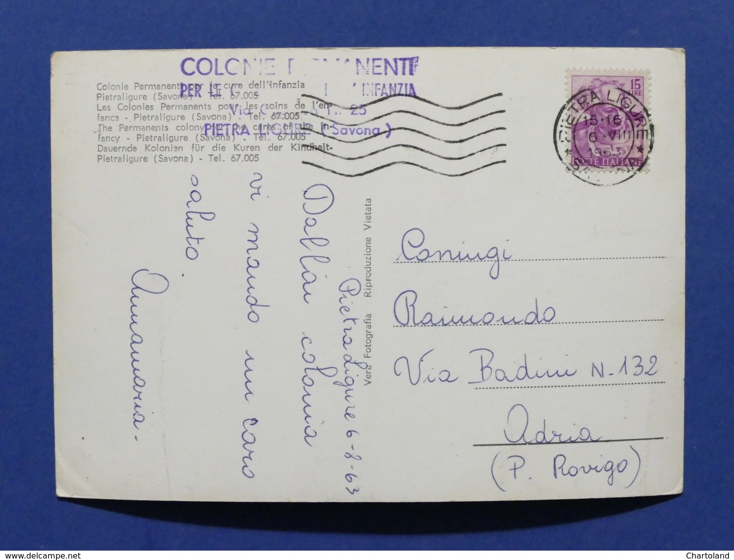 Cartolina Pietra Ligure - Colonie Permanenti - 1963 - Savona