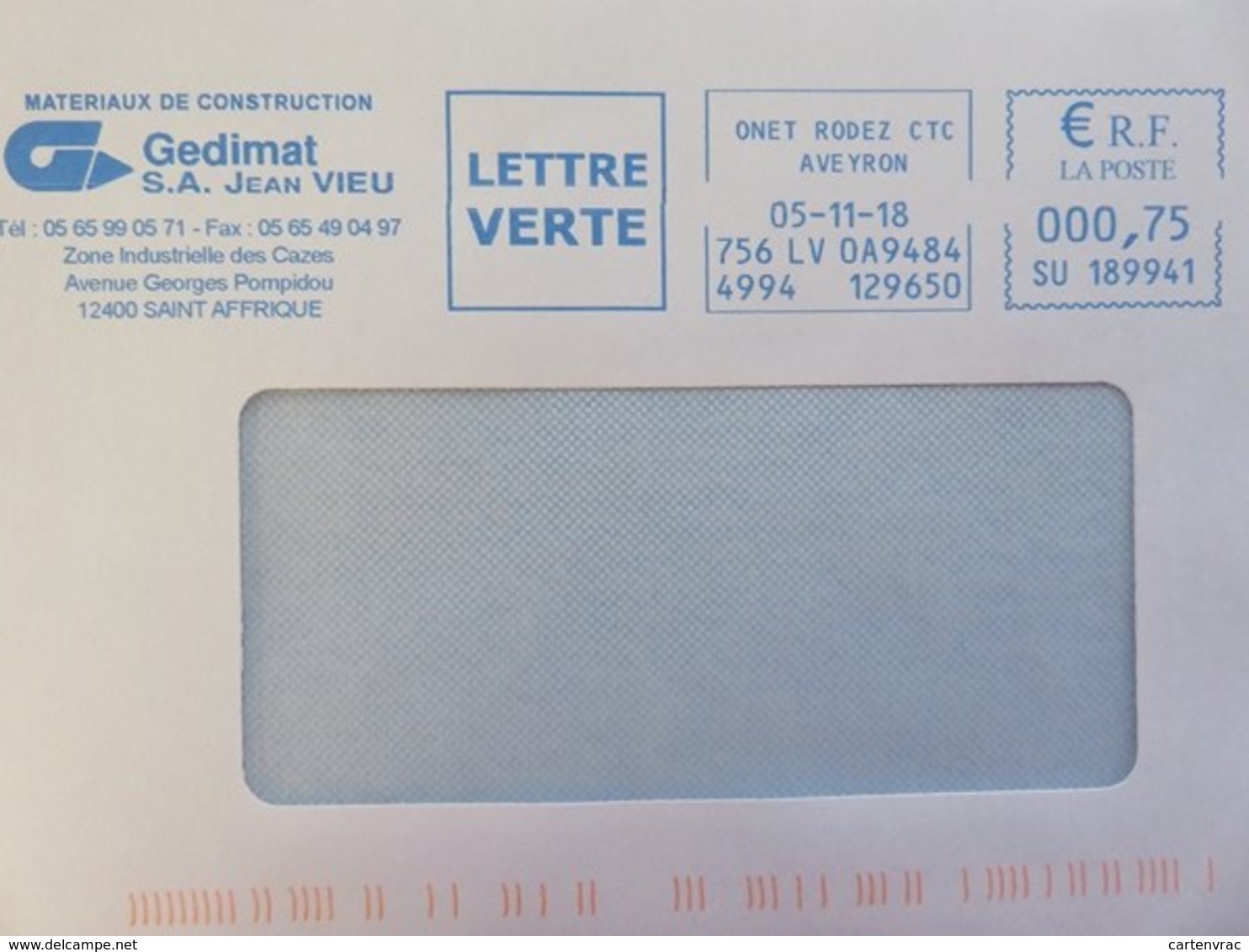 EMA - S.A. Jean Vieu - Gedimat - 12400 St Affrique - Lettre Verte - Onet Rodez - 05.11.18 - Sur Enveloppe - EMA (Empreintes Machines à Affranchir)