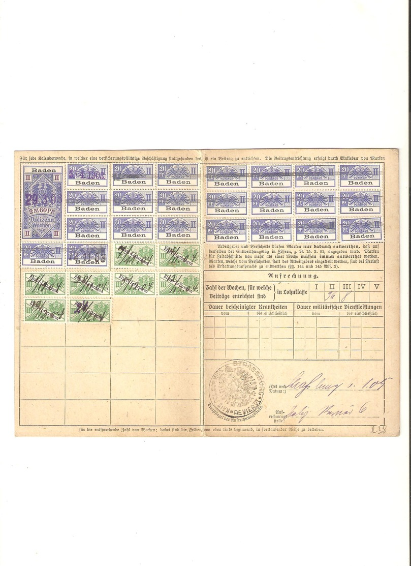 Invaliden.-Quittungskarte: Elsass-Lothringen - Baden/Odelshofen - 1903/04 # 2 Mit Beitragsmarken+13 Wochen-Stempelmarken - Abarten & Kuriositäten