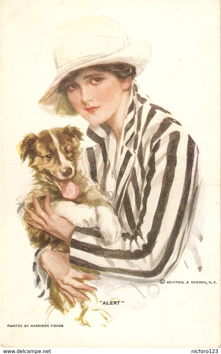 "Harrison Fisher. Lady With Her Dog. Alert" Nice Antique American  Postcard - Fisher, Harrison