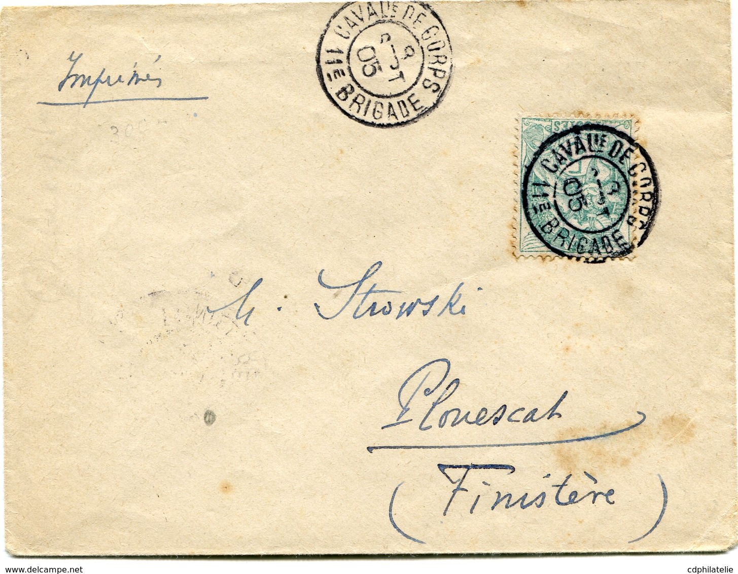 FRANCE LETTRE (IMPRIME) AFFRANCHIE AVEC LE 5 C. TYPE BLANC DEPART CAVALie DE CORPS 8 SEPT 05  11e BRIGADE POUR LA FRANCE - 1900-29 Blanc