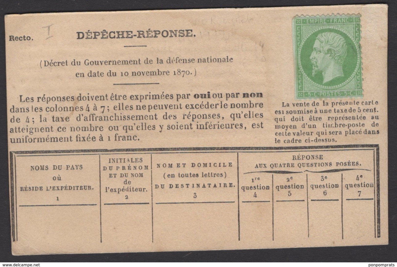 Carte De Dépêche-Réponse Neuve Avec 5c Empire Dentelé Neuve - 1849-1876: Période Classique