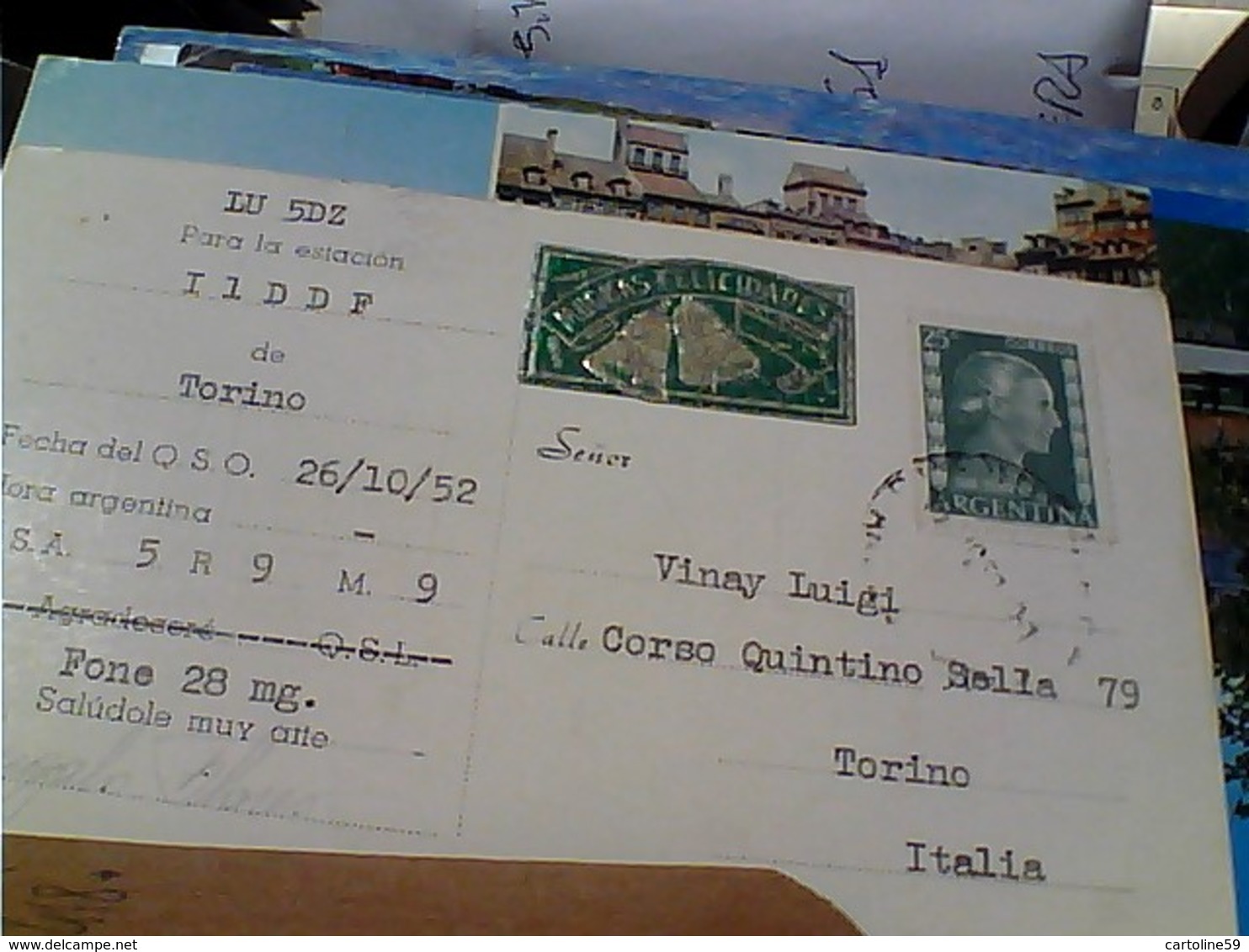 ARGENTINA QSL G FLORES TO  ITALY STAMP TIMBRE  SELO 25 Ct EVA PERON GX5506 - Radio Amatoriale