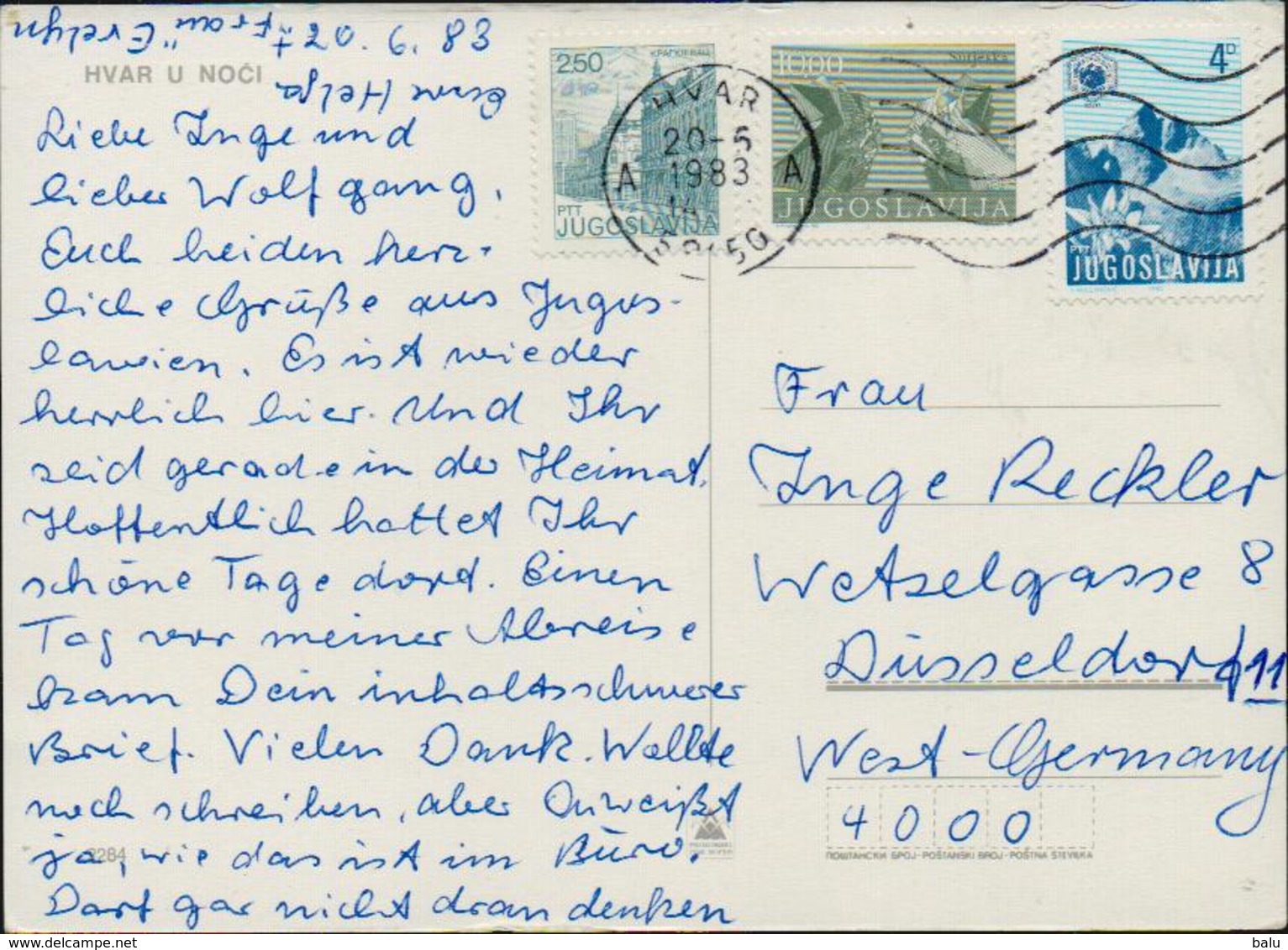 AK Hvar U Noci Bei Nacht, Gelaufen 1983 Nach Düsseldorf, 2 Scans, 14,5 X 10,5 Cm - Jugoslawien