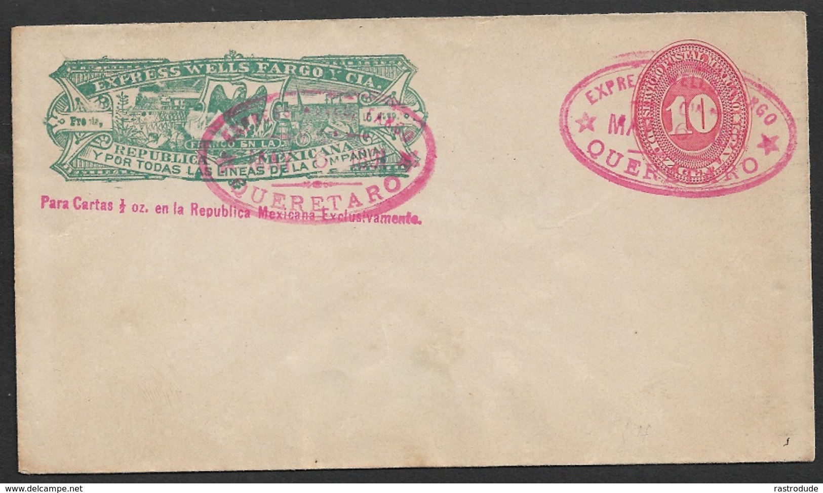 1891 MEXICO WELLS FARGO Postal Stationery 10C QUERETARO  EXPRESS - Messico