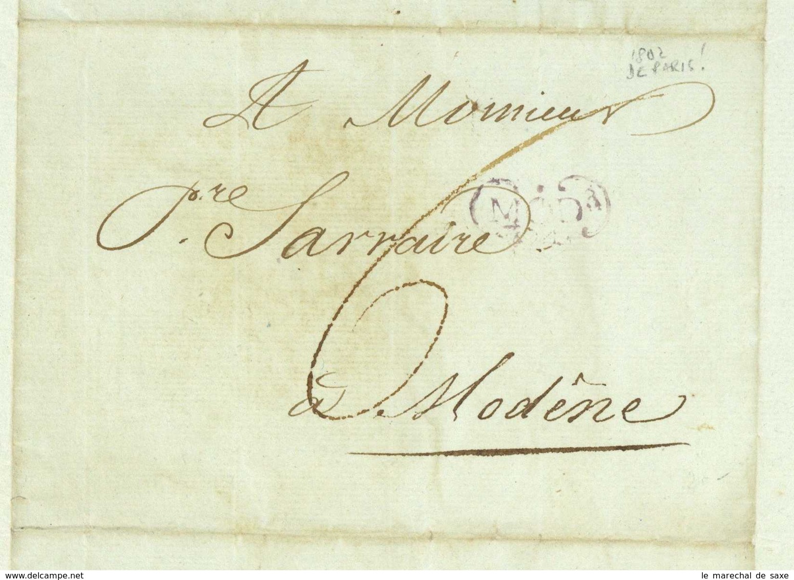 Lettre Paris à Modena Italie 1802 Sarraire Signature Non Identifiée - Manuscripts