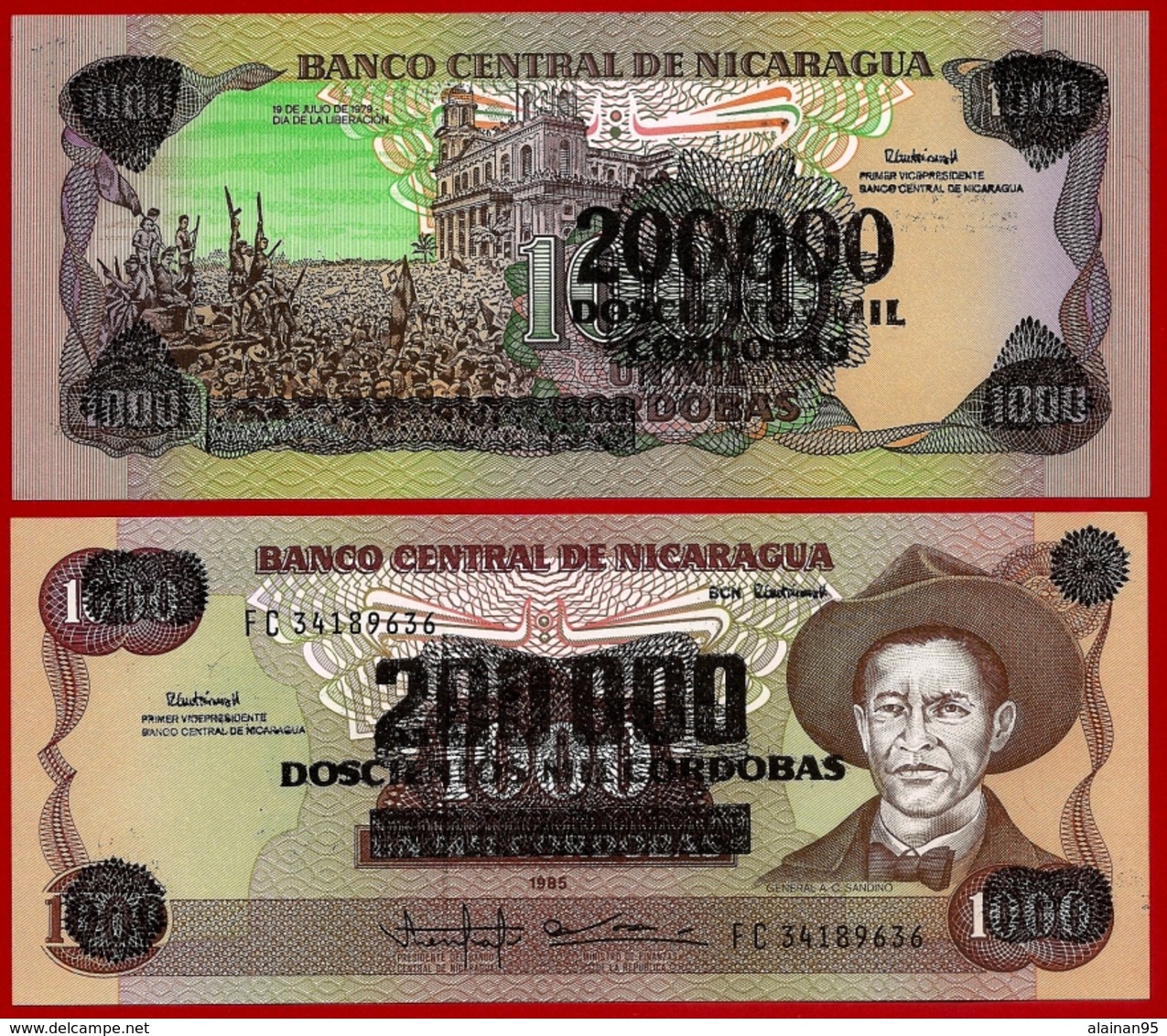 ** NICARAGUA - 1 000 Cordobas 1985 UNC + 200 000 Cordobas 1987 UNC  ** - Nicaragua