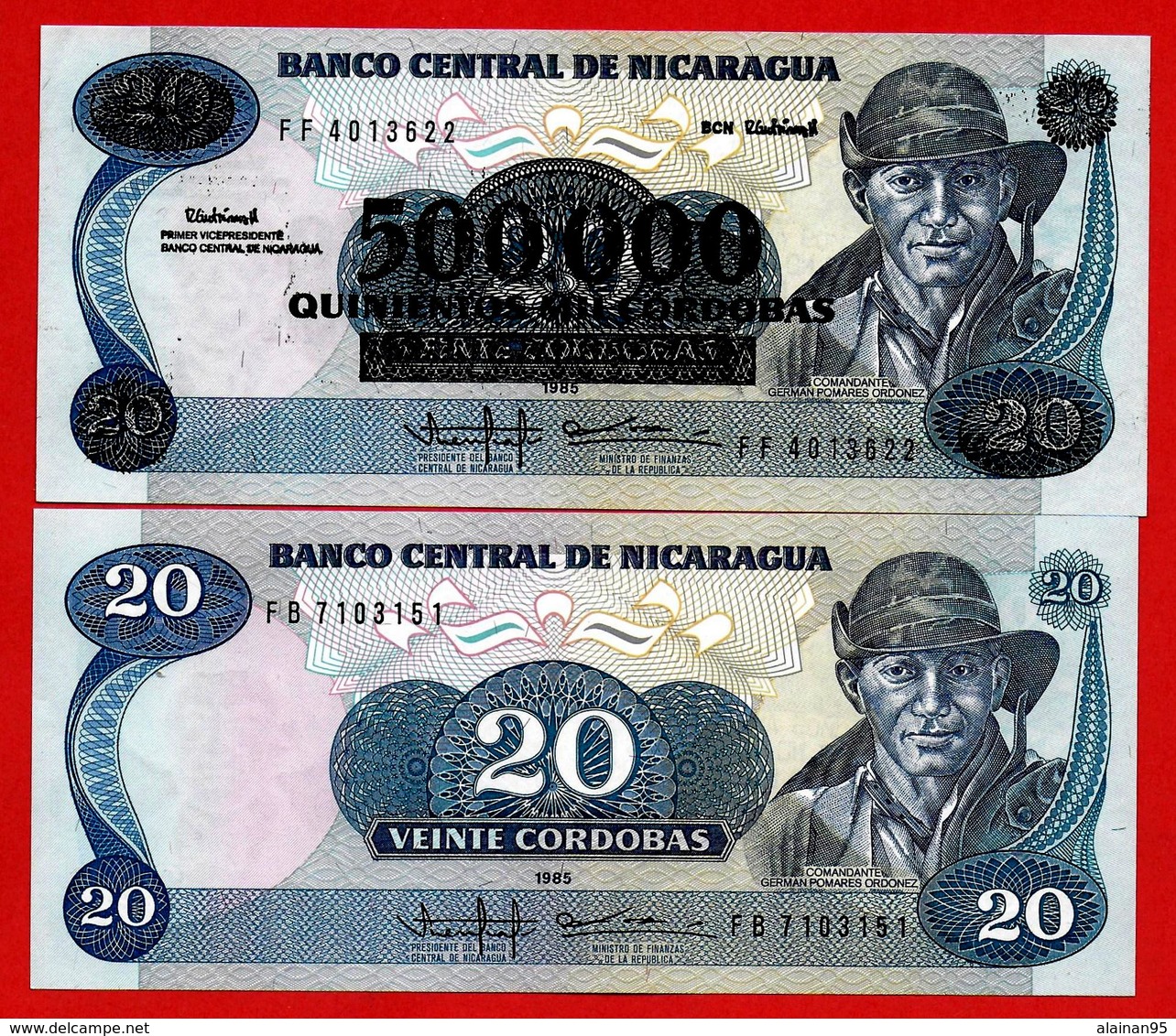 ** NICARAGUA - 20 Cordobas 1985 ( 1988 )  UNC + 500 000 Cordobas Non Daté ( 1990 )  UNC  ** - Nicaragua