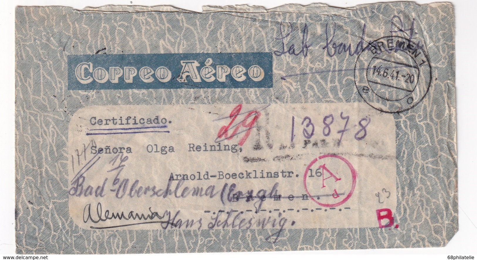 BOLIVIE 1941     PLI AERIEN RECOMMANDE      CENSUREE/ZENSIERT/CENSORED DE LA PAZ POUR BREMEN - Bolivie