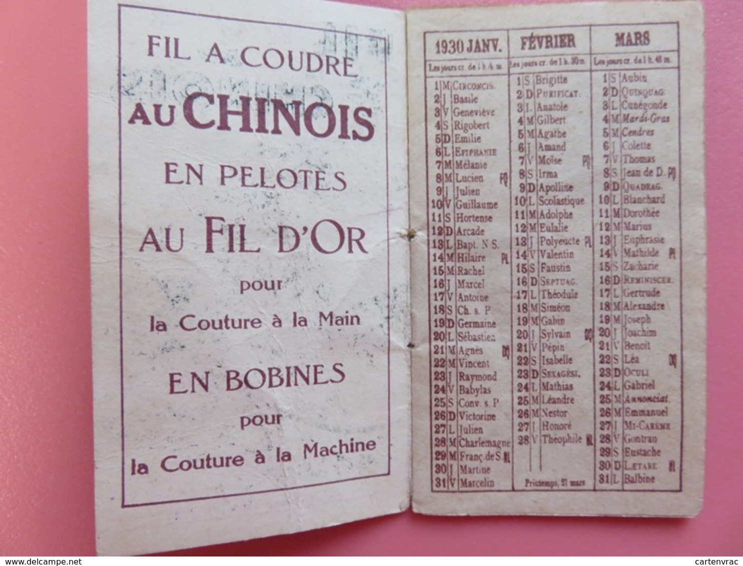 Calendrier 1930 - Fil Au Chinois - PH. Vrau & Cie - Lille - Complet - Publicités Fil Pelotes Et Fil Bobines - Petit Format : 1921-40