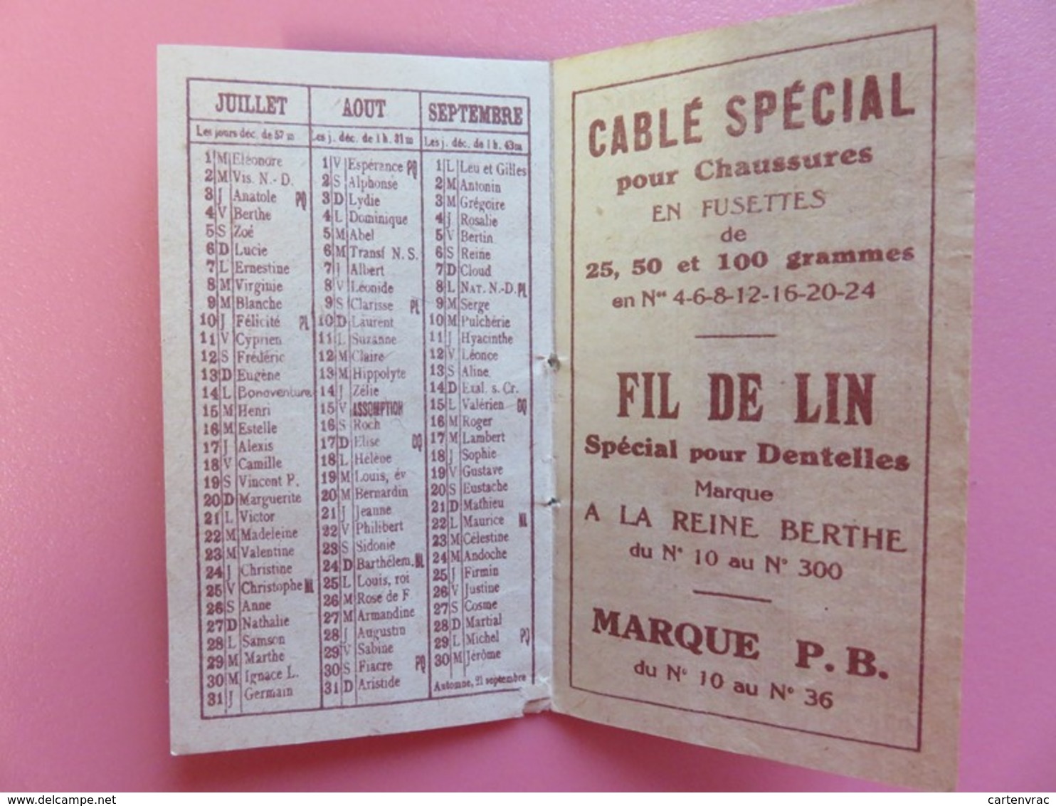 Calendrier 1930 - Fil au chinois - PH. Vrau & Cie - Lille - Complet - Publicités fil pelotes et fil bobines