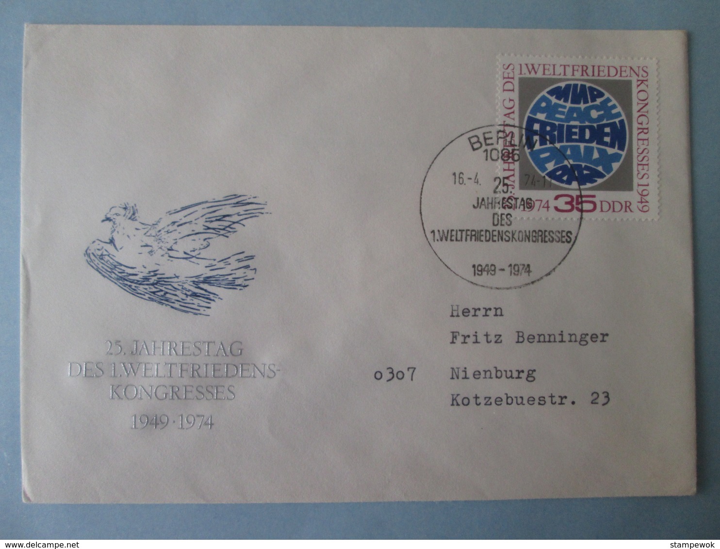 1974 DDR / East Germany - Mi.Nr 1946 - 25th Anniv. 1st World Peace Congress - Genuinely Postally-used FDC - Altri & Non Classificati