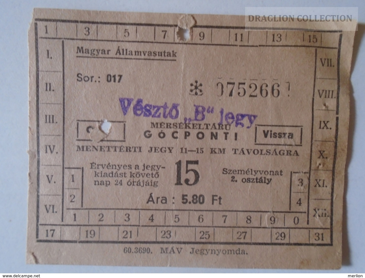 ZA112.16   Railway Ticket Hungary  VÉSZTŐ Ca 1950-60 - Autres & Non Classés